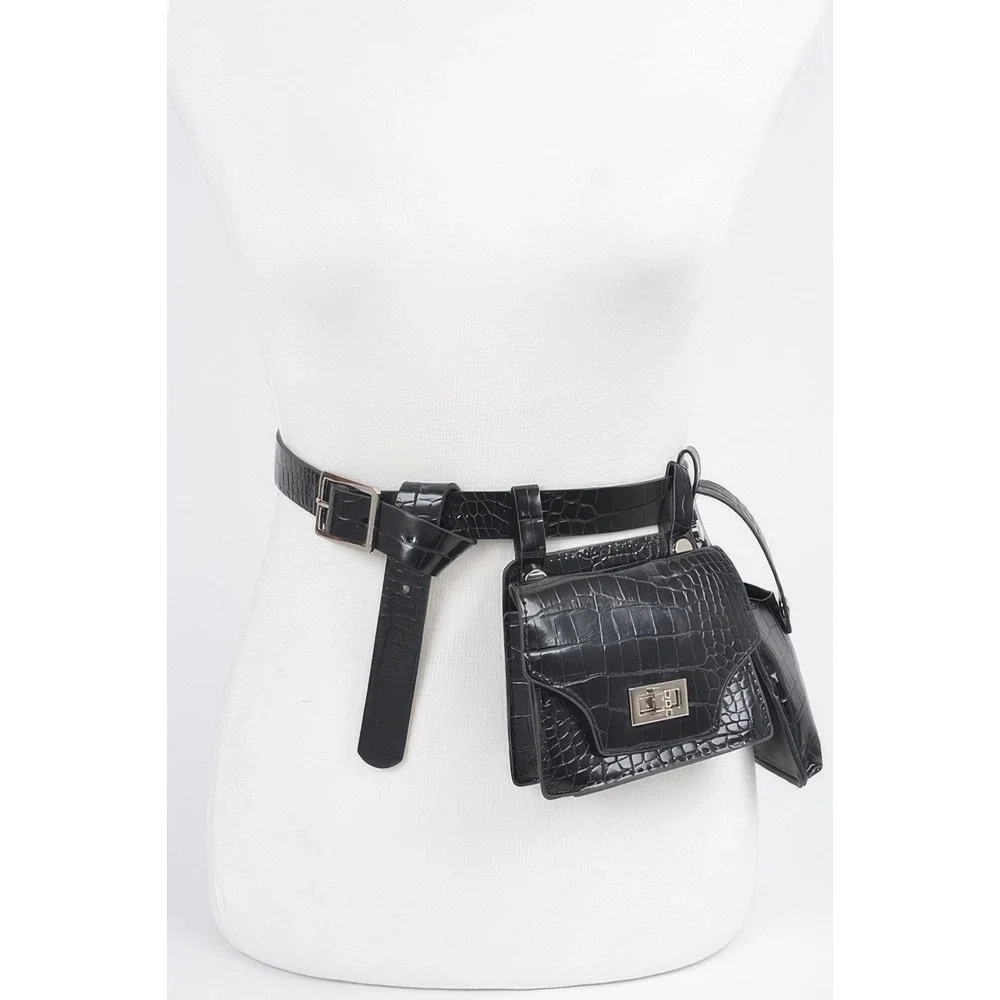 Belt Bag Women OS Black Like New Croc Embossed Patent Utility Pouches